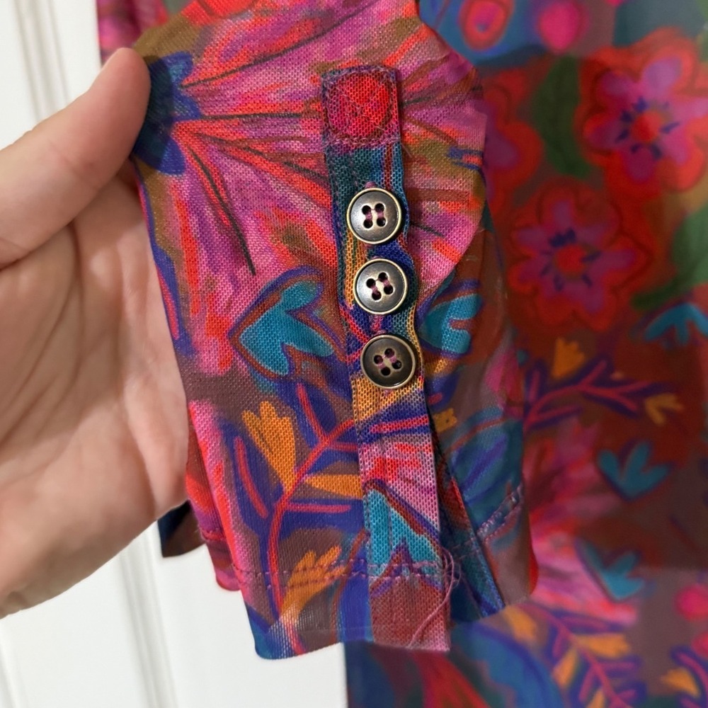 Natural Life Floral Mesh Ruched Button Front Long Sleeve Top Small Multicolor - Picture 3 of 4